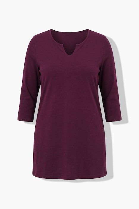 T-shirt long, coupe évasée, col tunisien et manches 3/4