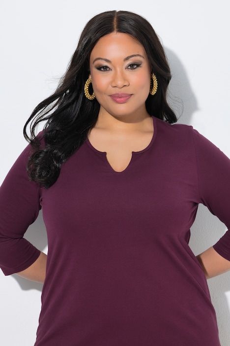 T-shirt long, coupe évasée, col tunisien et manches 3/4