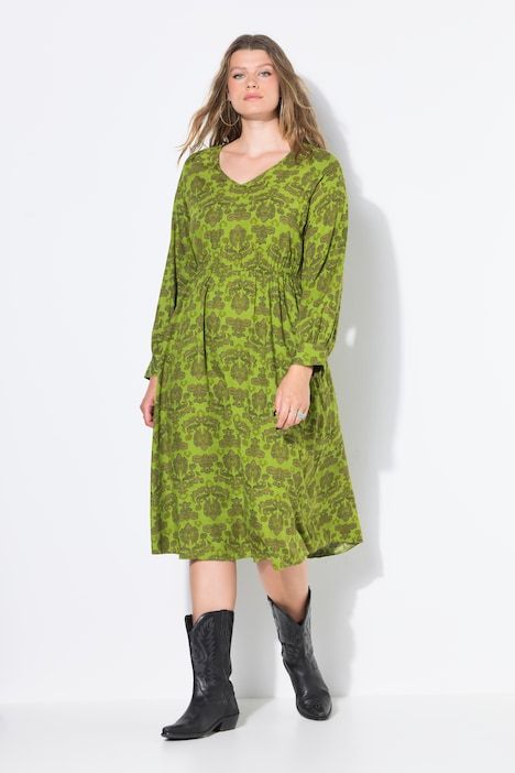 Robe midi, coupe évasée. Ruban élastique, motif cachemire