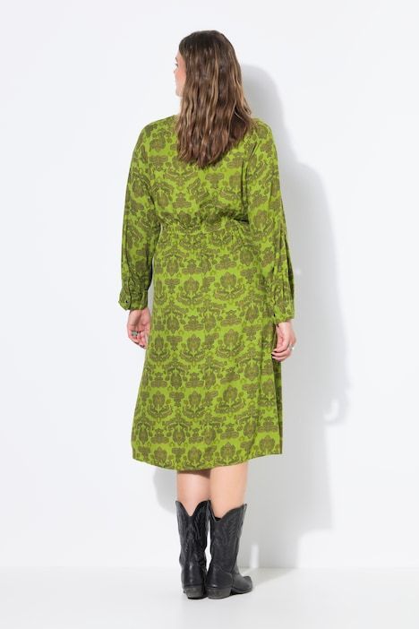 Robe midi, coupe évasée. Ruban élastique, motif cachemire