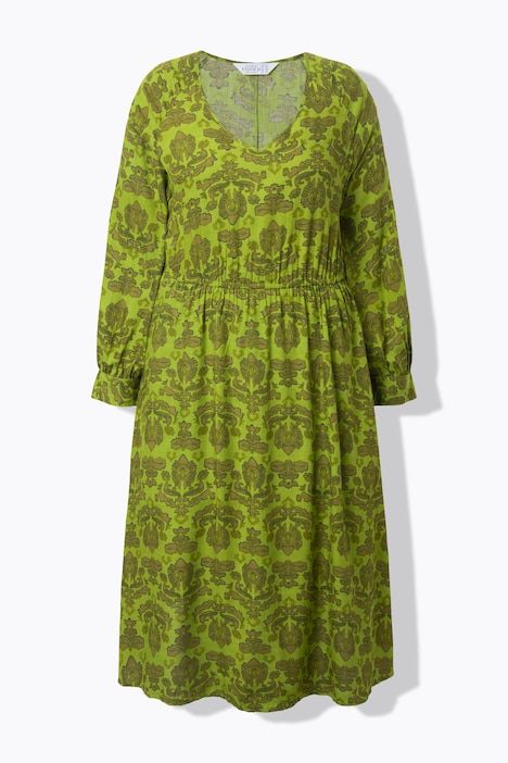 Robe midi, coupe évasée. Ruban élastique, motif cachemire