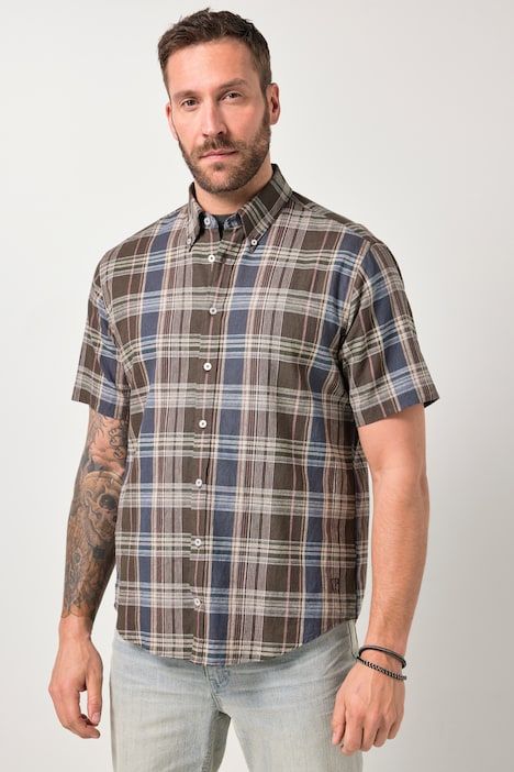 Chemise à carreaux JP 1880 en lin mélangé, manches courtes et col à pointes boutonnée, coupe Modern Fit - jusqu'au 8 XL