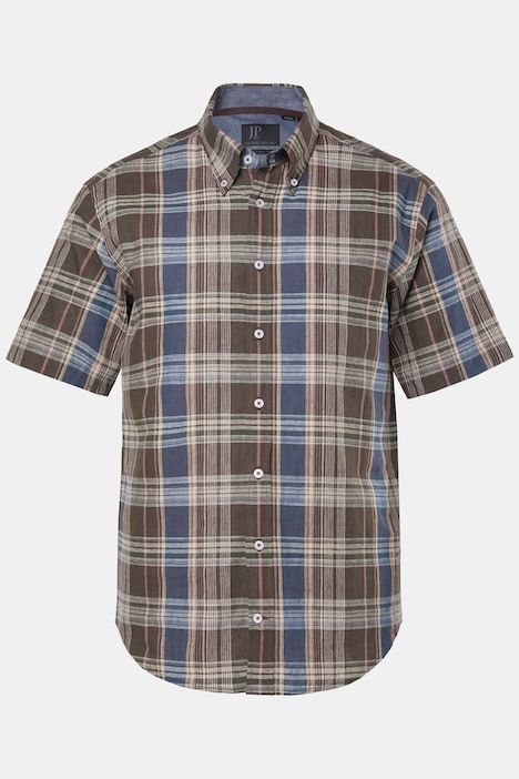 Chemise à carreaux JP 1880 en lin mélangé, manches courtes et col à pointes boutonnée, coupe Modern Fit - jusqu'au 8 XL