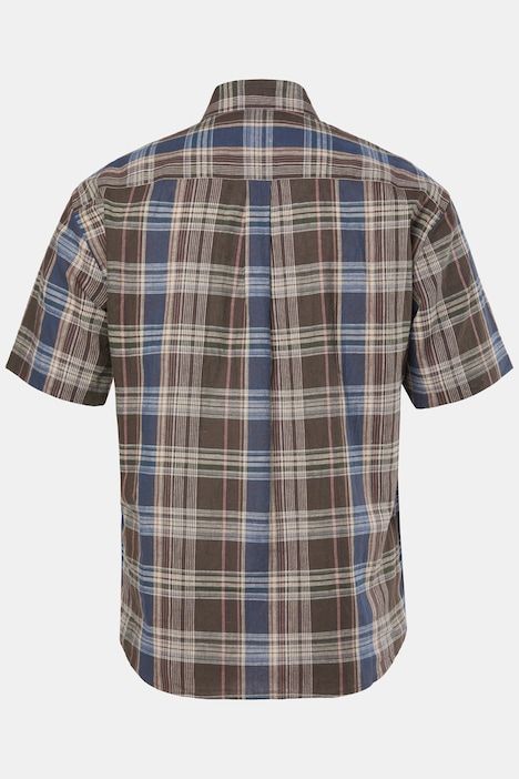 Chemise à carreaux JP 1880 en lin mélangé, manches courtes et col à pointes boutonnée, coupe Modern Fit - jusqu'au 8 XL