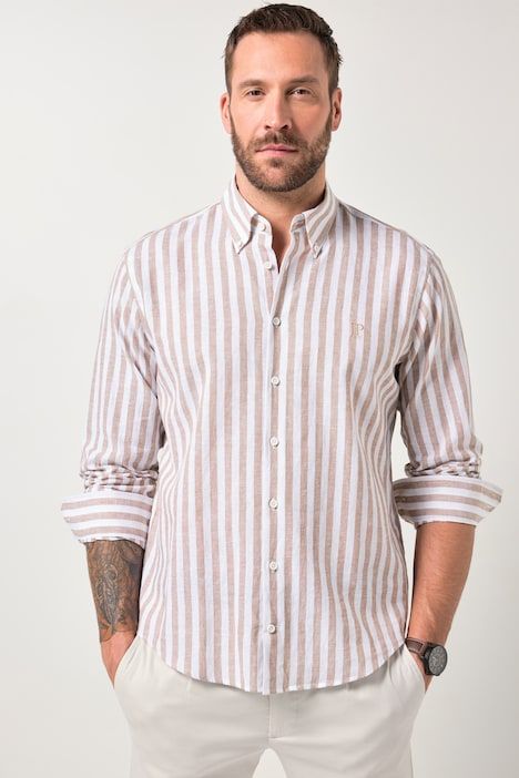 Chemise JP 1880 en lin mélangé à rayures, manches longues et col à pointes boutonnées, coupe Modern Fit - jusqu'au 8 XL