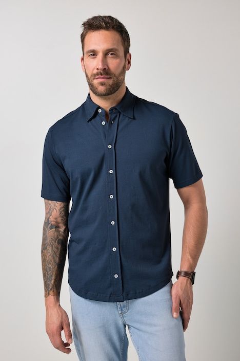 Chemise en jersey JP 1880 imprimé all-over, manches courtes et col à pointes boutonnées sous patte, coupe Modern Fit - jusqu'au 8 XL