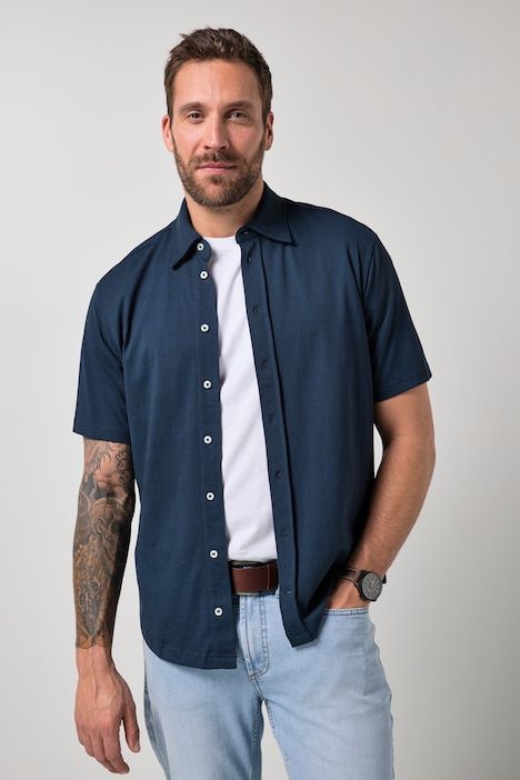 Chemise en jersey JP 1880 imprimé all-over, manches courtes et col à pointes boutonnées sous patte, coupe Modern Fit - jusqu'au 8 XL