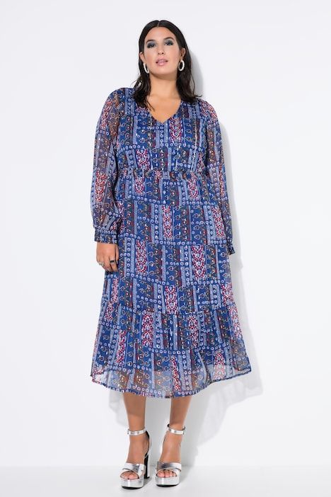 Robe midi en mousseline, volant à la base et mélange d'imprimés effet scintillant