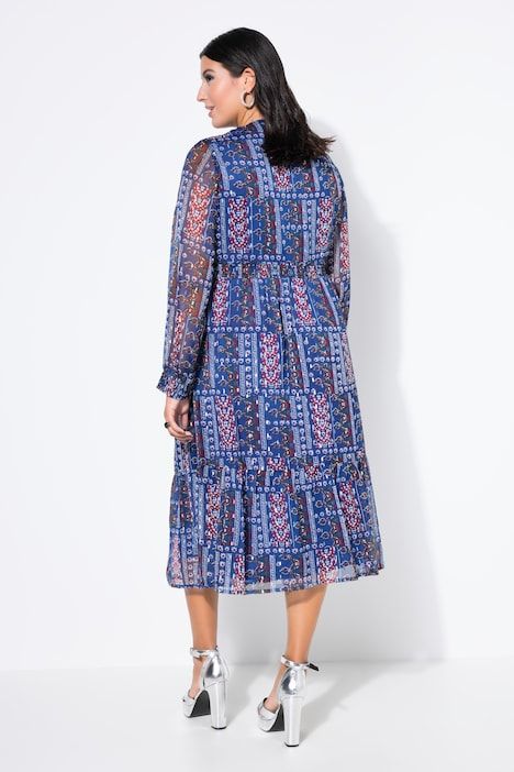 Robe midi en mousseline, volant à la base et mélange d'imprimés effet scintillant