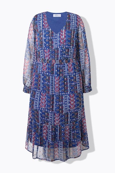 Robe midi en mousseline, volant à la base et mélange d'imprimés effet scintillant