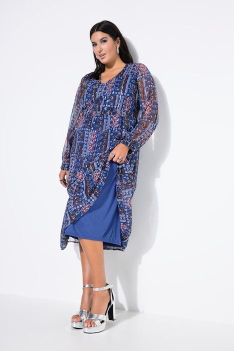 Robe midi en mousseline, volant à la base et mélange d'imprimés effet scintillant