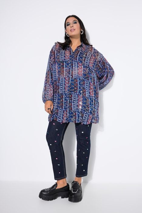 Blouse en mousseline, coupe Loose Shape, mélange d'imprimés et manches longues ballon