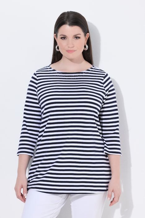 T-shirt à rayures en coton Pima, encolure bateau, manches 3/4