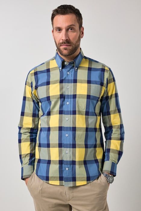 Chemise à carreaux JP 1880, manches longues et col à pointes boutonnée, coupe Modern Fit - jusqu'au 8 XL