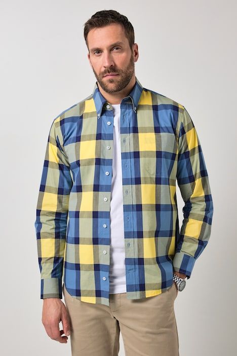 Chemise à carreaux JP 1880, manches longues et col à pointes boutonnée, coupe Modern Fit - jusqu'au 8 XL