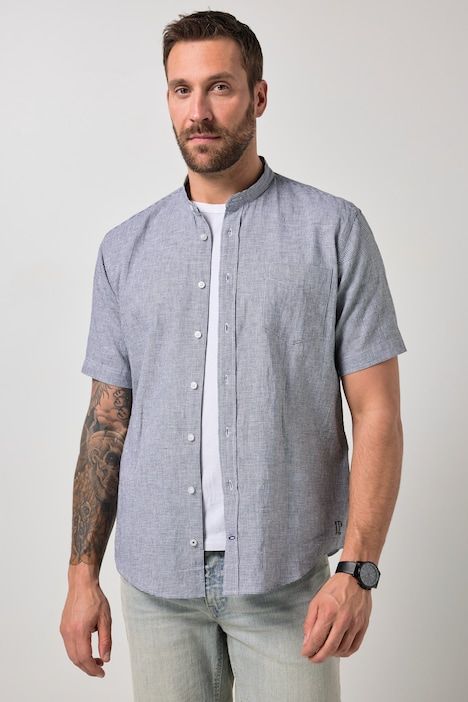 Chemise JP 1880 en in mélangé, imprimé à carreaux, manches courtes et col Kent, coupe Modern Fit - jusqu'au 8 XL