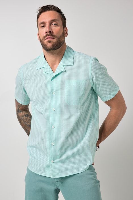 Chemise à carreaux JP 1880, coupe Cuba-Fit, manches courtes et col cubain - jusqu'au 8 XL