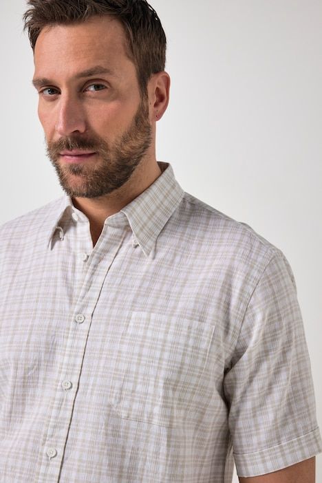 Chemise à carreaux JP 1880 en lin mélangé, manches courtes et col à pointes boutonnée, coupe Modern Fit - jusqu'au 8 XL