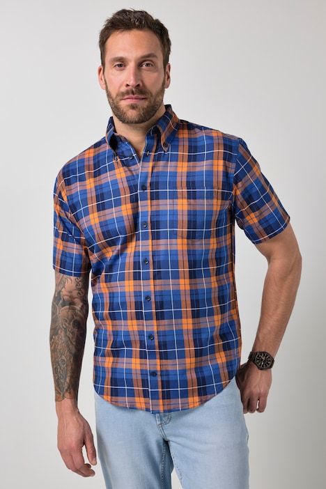 Chemise à carreaux JP 1880, manches courtes et col à pointes boutonnées, coupe Modern Fit - jusqu'au 8 XL