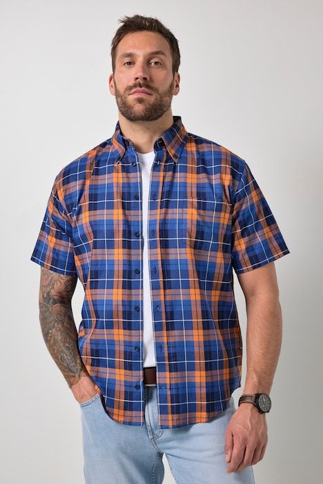 Chemise à carreaux JP 1880, manches courtes et col à pointes boutonnées, coupe Modern Fit - jusqu'au 8 XL