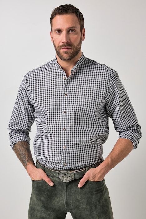 Chemise à carreaux traditionnelle JP 1880, manches longues et col officier, coupe Modern Fit - jusqu'au 8 XL