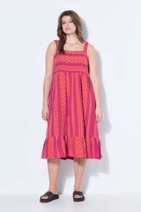 Robe longue, ligne A, jacquard, bretelles extensibles