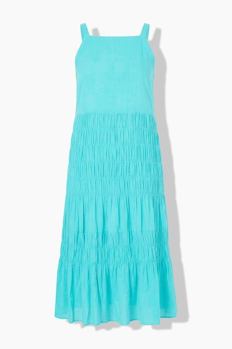 Robe midi évasée sans manches, poitrine smockée