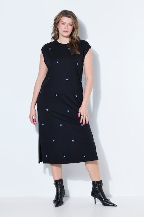 Robe midi oversize jersey, cœurs floqués, sans manches