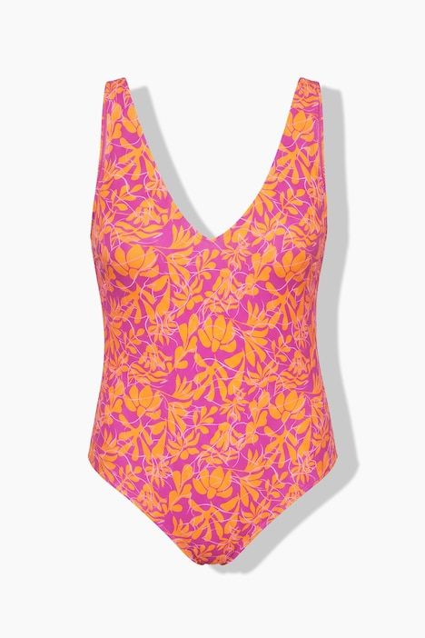 Maillot de bain, fleurs néon, bonnets souples, dos en V