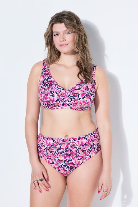 Haut de bikini, bonnets souples, fleurs. Col en V