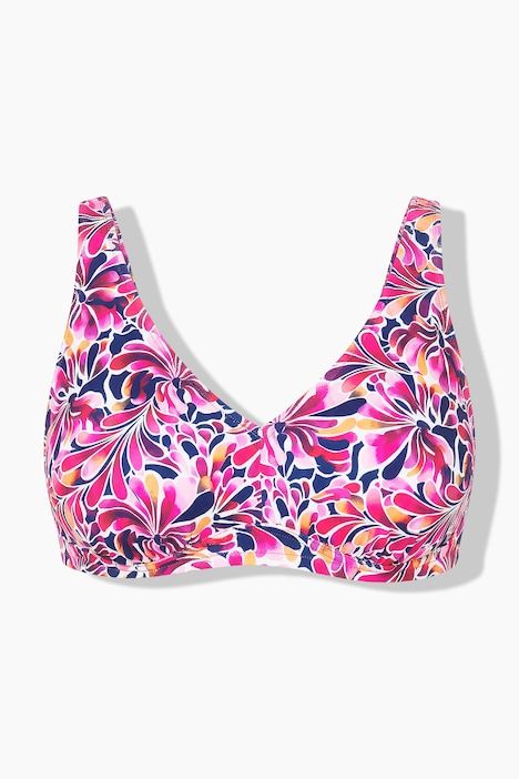 Haut de bikini, bonnets souples, fleurs. Col en V