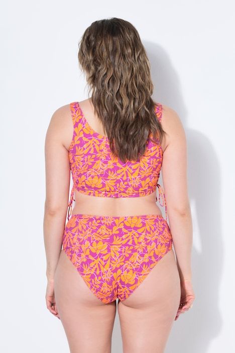 Haut de bikini, bonnets souples, fleurs néon, fronces latérales