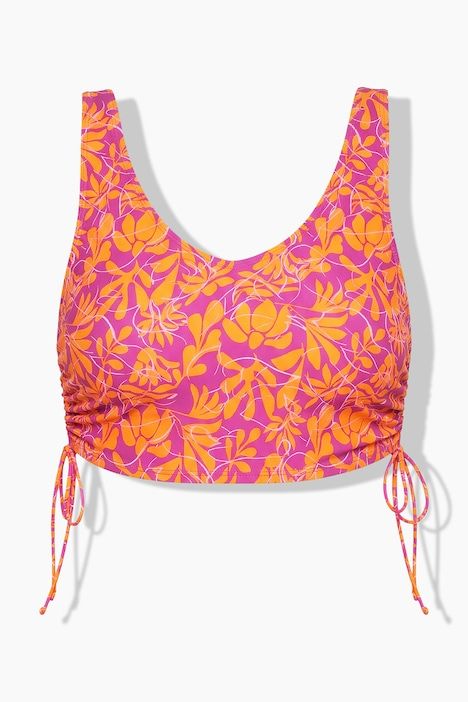 Haut de bikini, bonnets souples, fleurs néon, fronces latérales