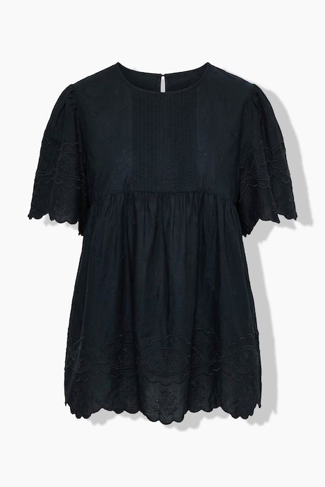 T-shirt avec broderies et passepoils, manches courtes et décolleté rond, coupe évasée