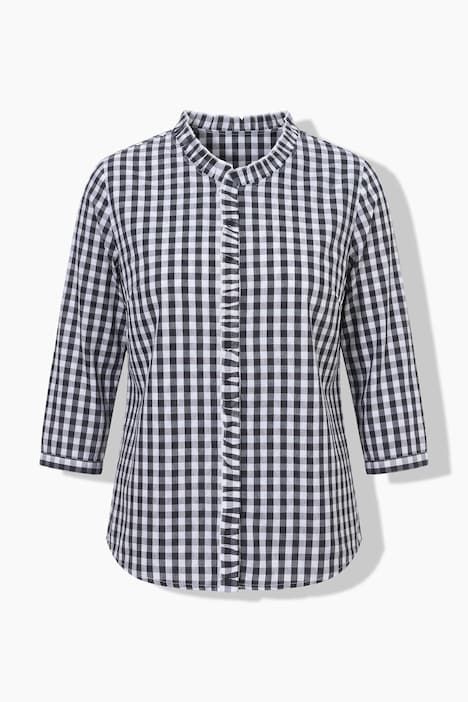 Chemisier à carreaux, col montant et ruchés, manches 3/4
