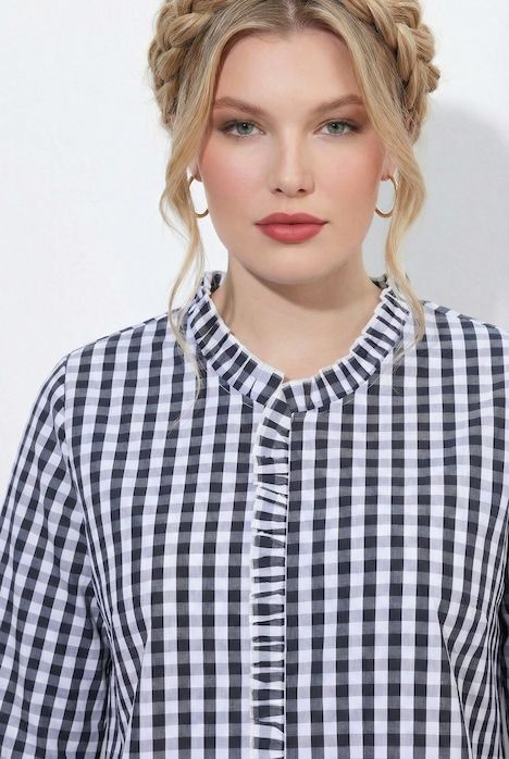 Chemisier à carreaux, col montant et ruchés, manches 3/4