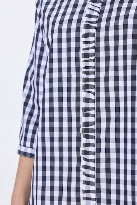 Chemisier à carreaux, col montant et ruchés, manches 3/4