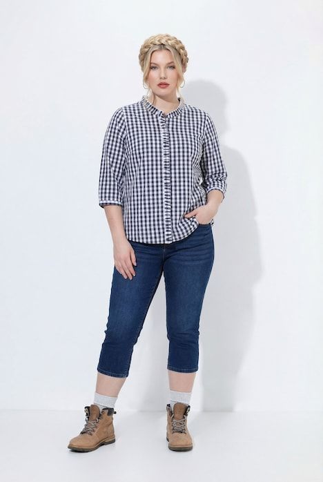 Chemisier à carreaux, col montant et ruchés, manches 3/4