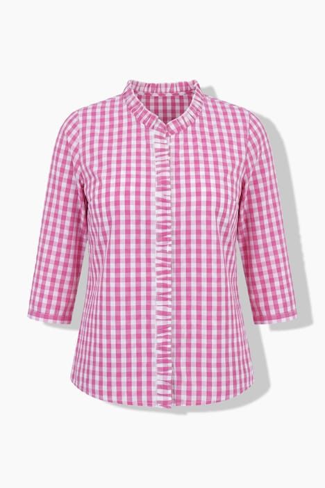 Chemisier à carreaux, col montant et ruchés, manches 3/4
