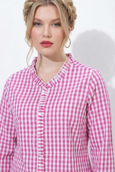 Chemisier à carreaux, col montant et ruchés, manches 3/4