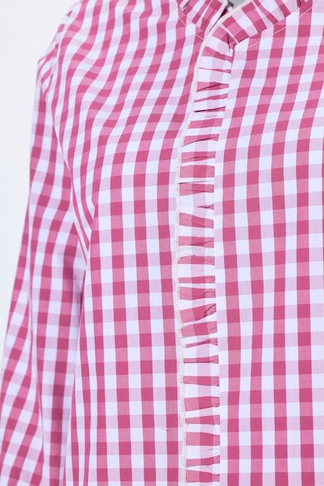 Chemisier à carreaux, col montant et ruchés, manches 3/4