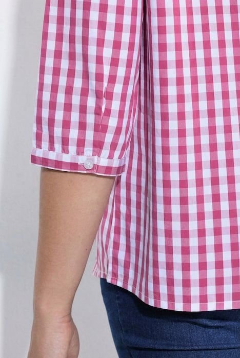 Chemisier à carreaux, col montant et ruchés, manches 3/4