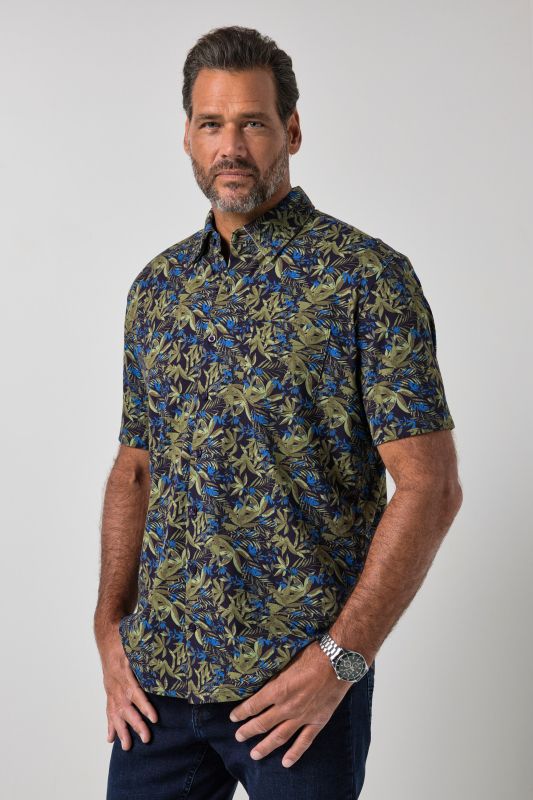 Chemise en piqué FLEXNAMIC®, imprimé all-over, manches courtes et col à pointes boutonnées (boutons dissimulés), coupe Modern Fit - jusqu'au 8 XL