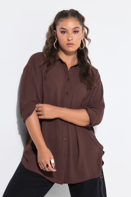 Chemise oversized en tissu crêpe, col de chemise et manches longues