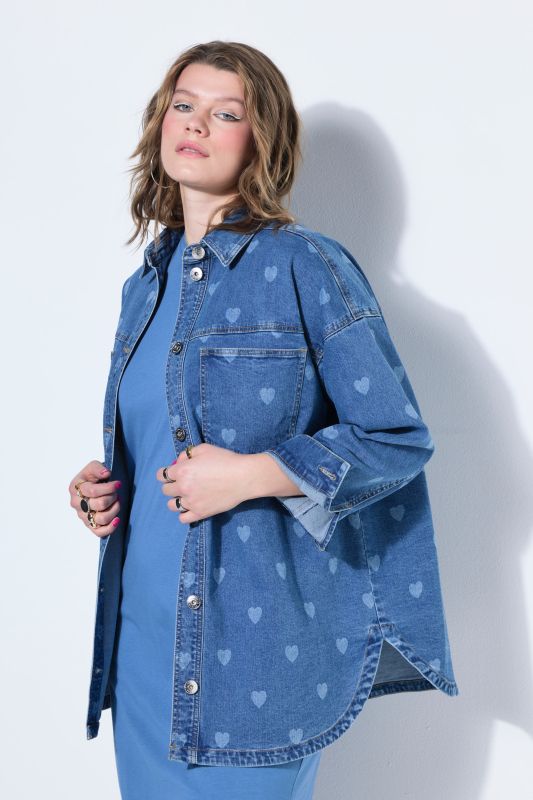 Chemise en jean oversize, imprimé laser cœurs