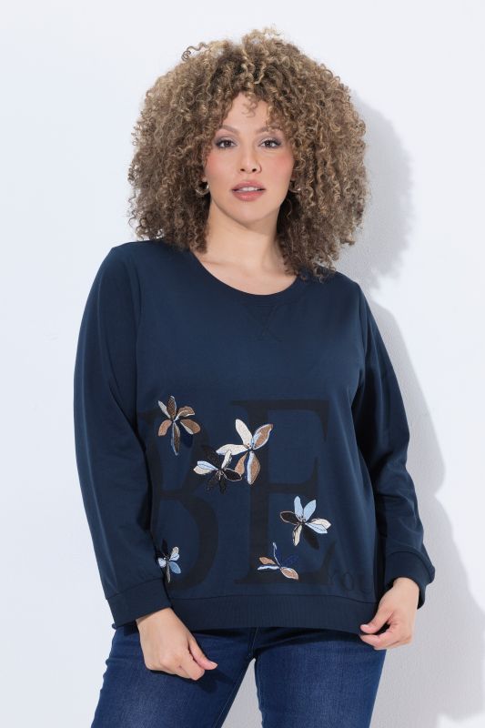 Sweat-shirt avec fleurs brodées, décolleté rond et manches courtes