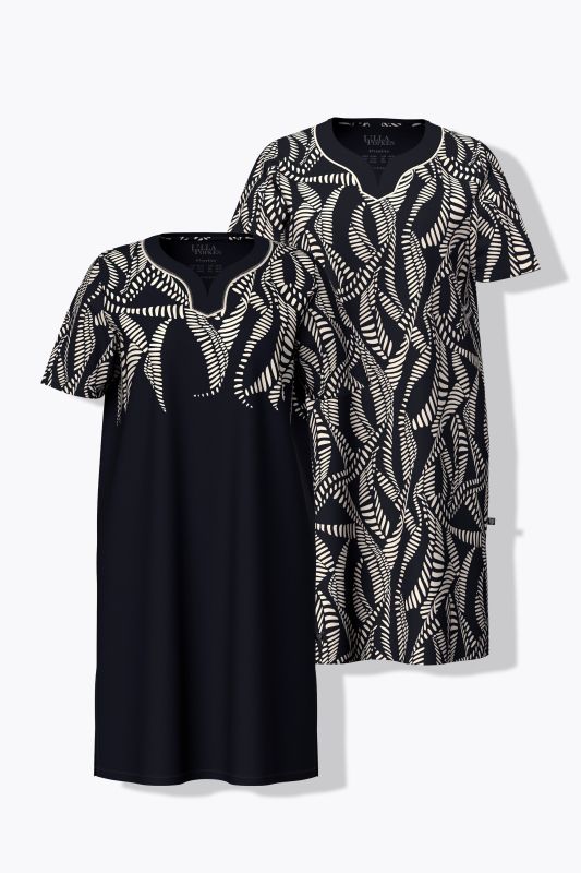 Lot de 2 chemises de nuits/T-shirts longs, motif palmiers, décolleté en forme de cœur et manches courtes