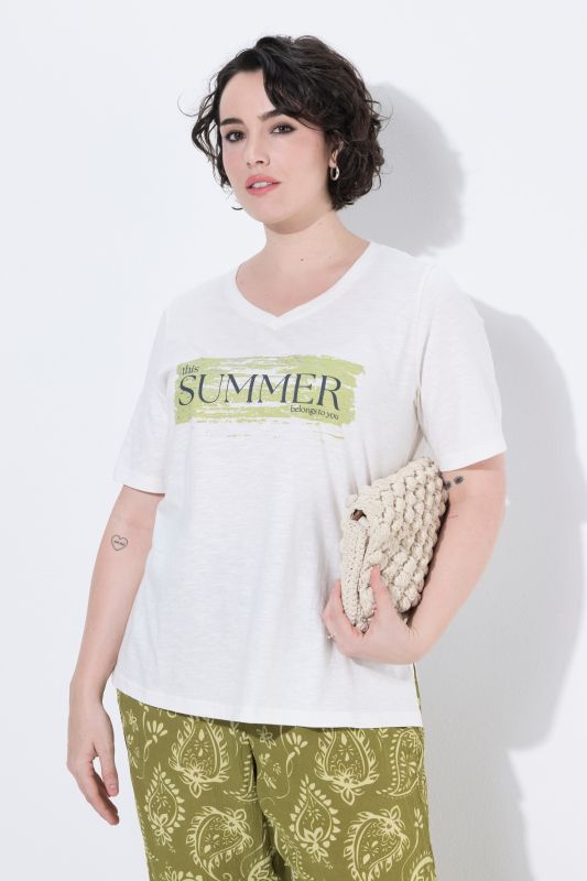 T-shirt, motif texte, coupe classique, col V, manches courtes