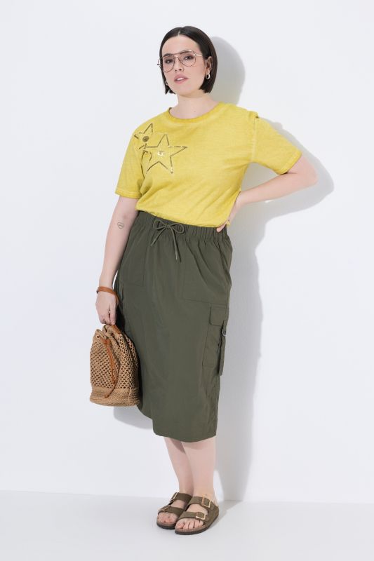 Jupe midi cargo, coupe A, poches cargo, ceinture élastique