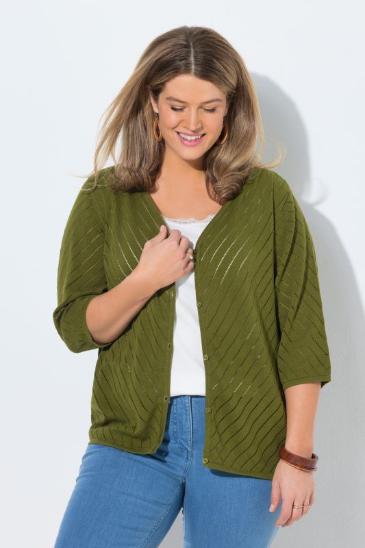 Cardigan, structure rayée, col V, manches 3/4